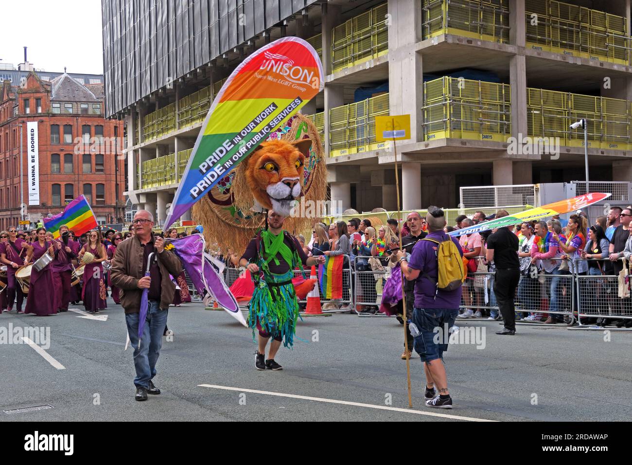 Unison union alla sfilata del Manchester Pride Festival, 36 Whitworth Street, Manchester, Inghilterra, Regno Unito, M1 3NR Foto Stock