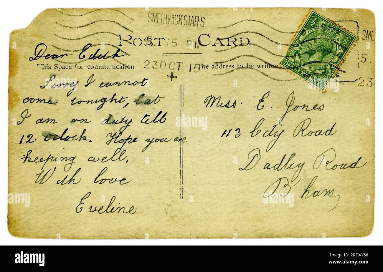 Retro della cartolina originale della prima guerra mondiale con francobollo verde King George V 1/2 d (mezzo penny/mezzo penny), spedito da Smethwick, West Midlands, Birmingham, Staffordshire, Inghilterra, Regno Unito. Pubblicato / datato 23 ottobre 1915. Foto Stock