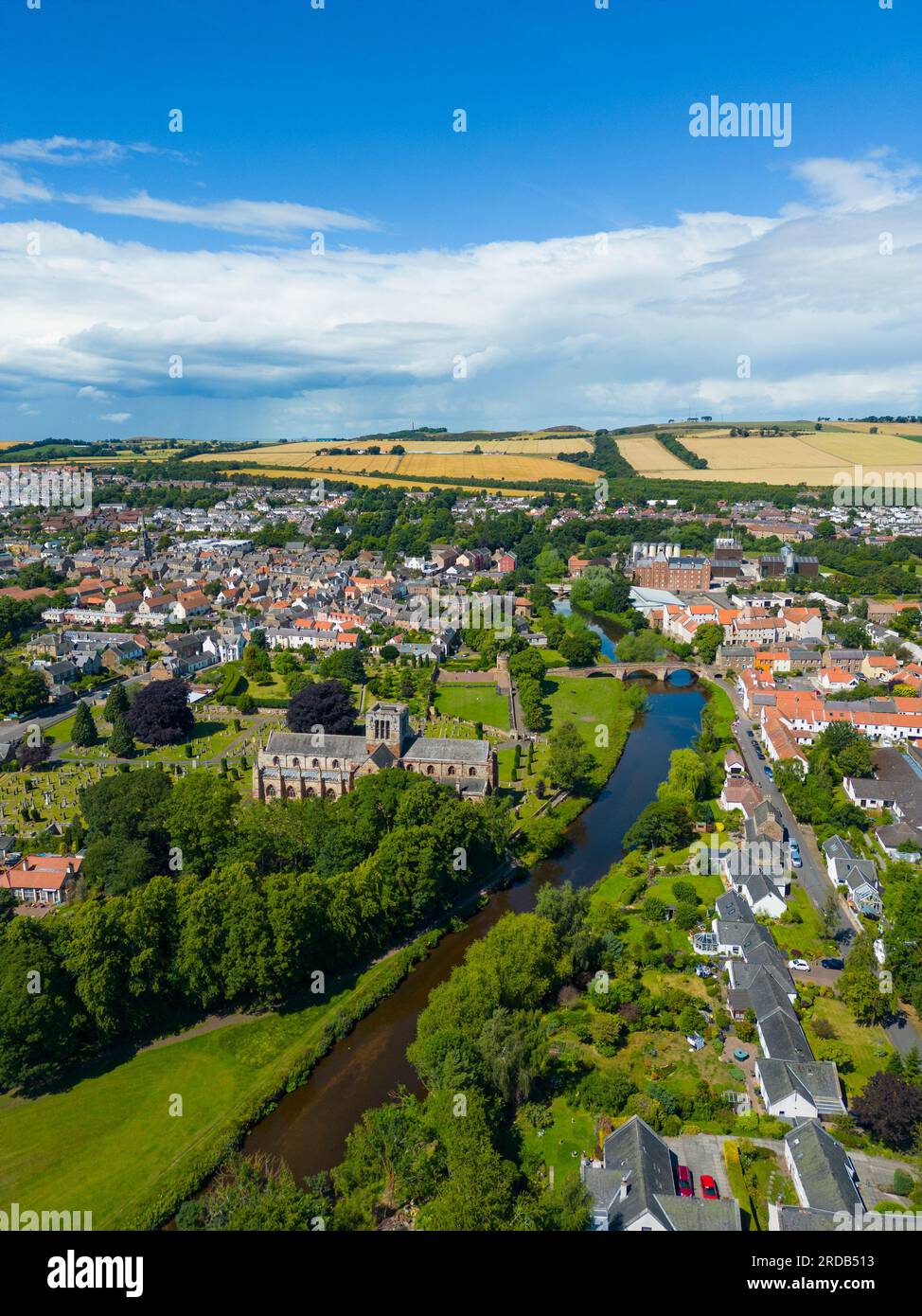 Vista aerea della città di Haddington sul fiume Tyne nell'East Lothian, Scozia, Regno Unito Foto Stock