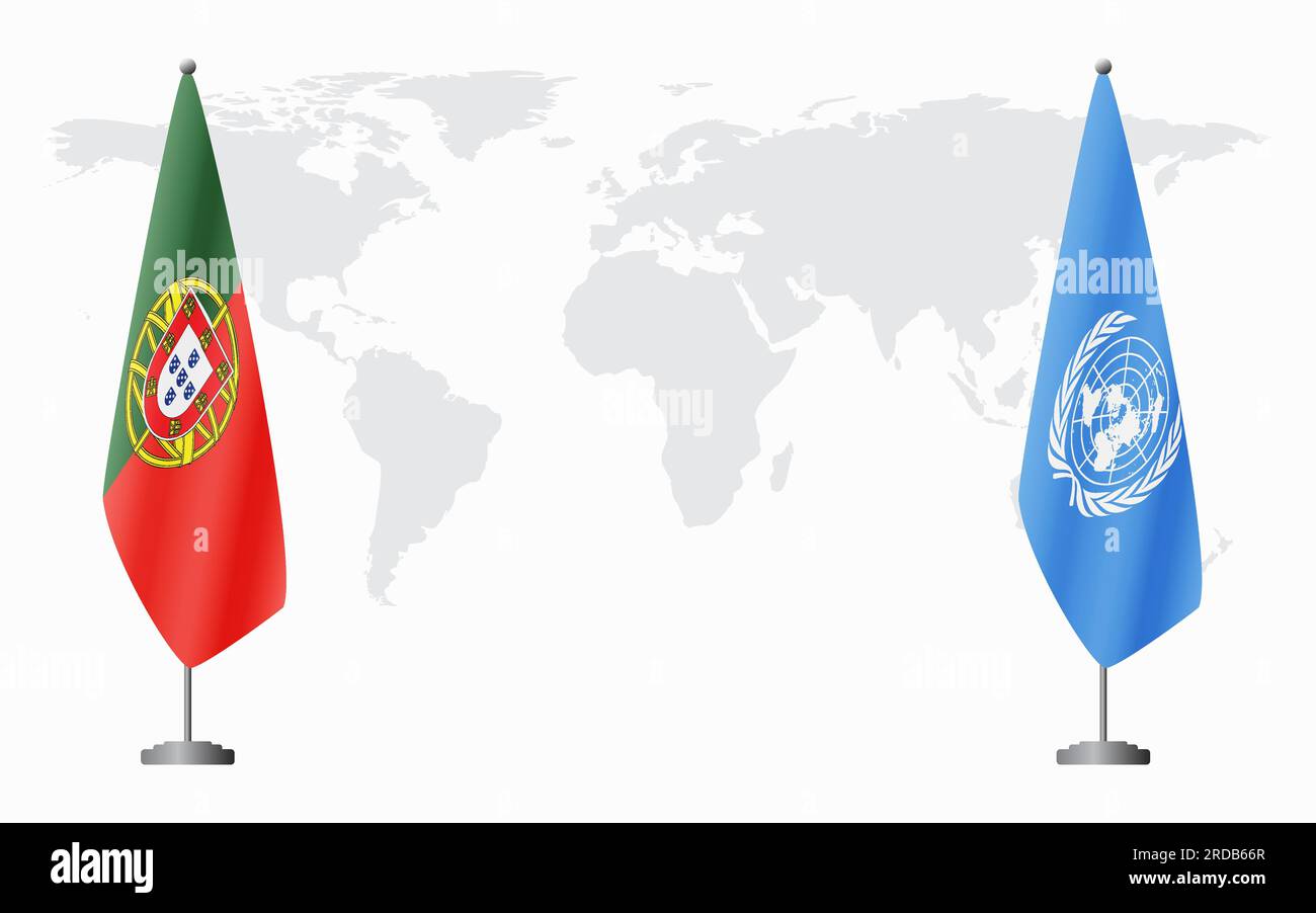 Il Portogallo e le Nazioni Unite bandiere per un incontro ufficiale sullo sfondo della mappa mondiale. Illustrazione Vettoriale