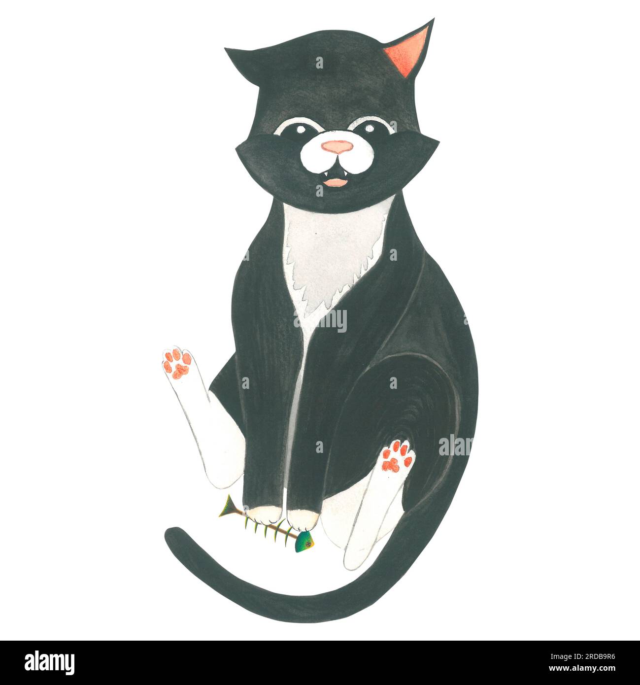 L'illustrazione ad acquerello di un gatto seduto con uno scheletro di pesce è fatta a mano. Foto Stock