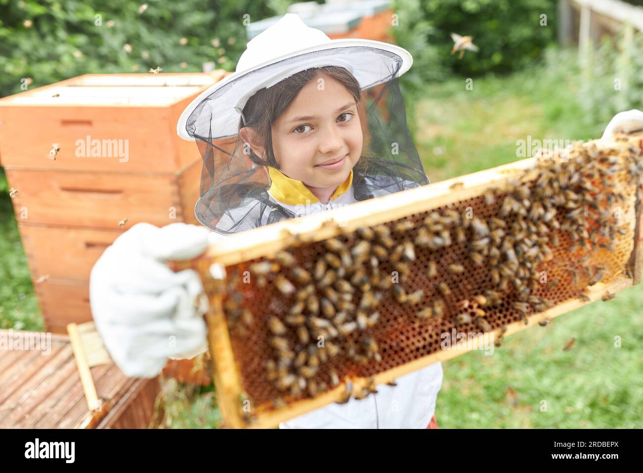 Ritratto di una ragazza che regge la cera d'api incorniciata da api mellifere mentre si trova in piedi nel giardino dell'apiario Foto Stock