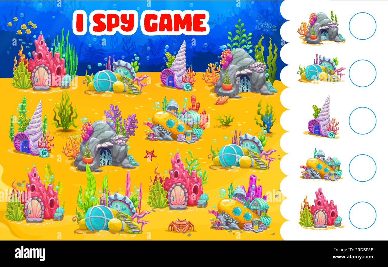 Spago foglio di lavoro del gioco, case dei cartoni animati in un paesaggio sottomarino, quiz vettoriale per bambini. Rifugi sottomarini in roccia oceanica, conchiglie o sottomarini, quiz puzzle per trovare e abbinare immagini simili Illustrazione Vettoriale