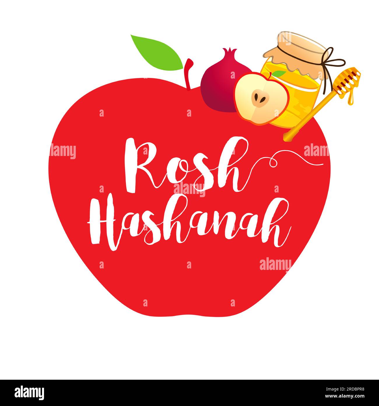 Scritta Rosh Hashanah con simboli tradizionali barattolo di miele mela e melograno. Illustrazione vettoriale Illustrazione Vettoriale