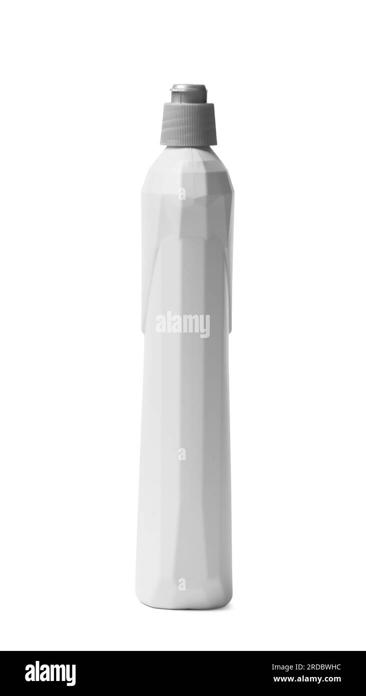 Flacone in plastica per prodotti chimici per uso domestico, detergenti, brillantante per lavastoviglie, isolato su sfondo bianco. Foto Stock