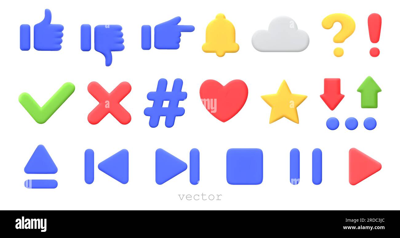 Simboli e segni 3D. Ad esempio, stella, punto esclamativo, cuore, pulsanti del lettore multimediale, controllare e incrociare. Icone vettoriali 3D colorate per pagine Web e dispositivi mobili Illustrazione Vettoriale