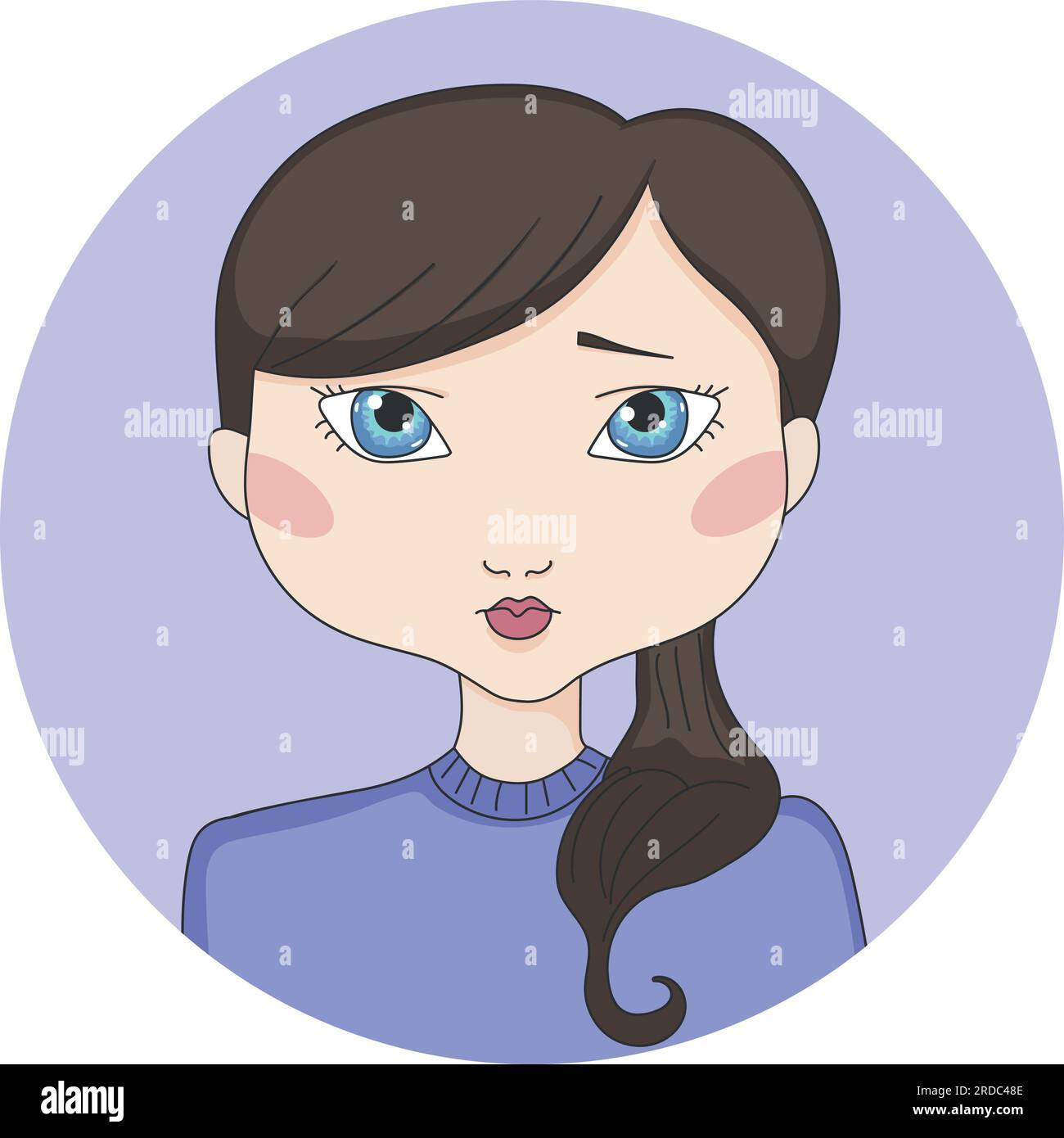 Cartoon ragazza dai capelli castani con occhi blu. Ragazza avatar in cerchio. Illustrazione vettoriale disegnata a mano Illustrazione Vettoriale