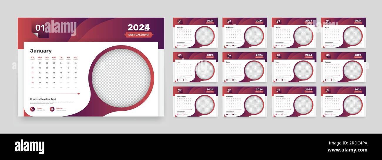 Design minimalista e moderno del modello di calendario da scrivania per il 2024 con forme sfumate astratte e segnaposto immagine personalizzato Illustrazione Vettoriale