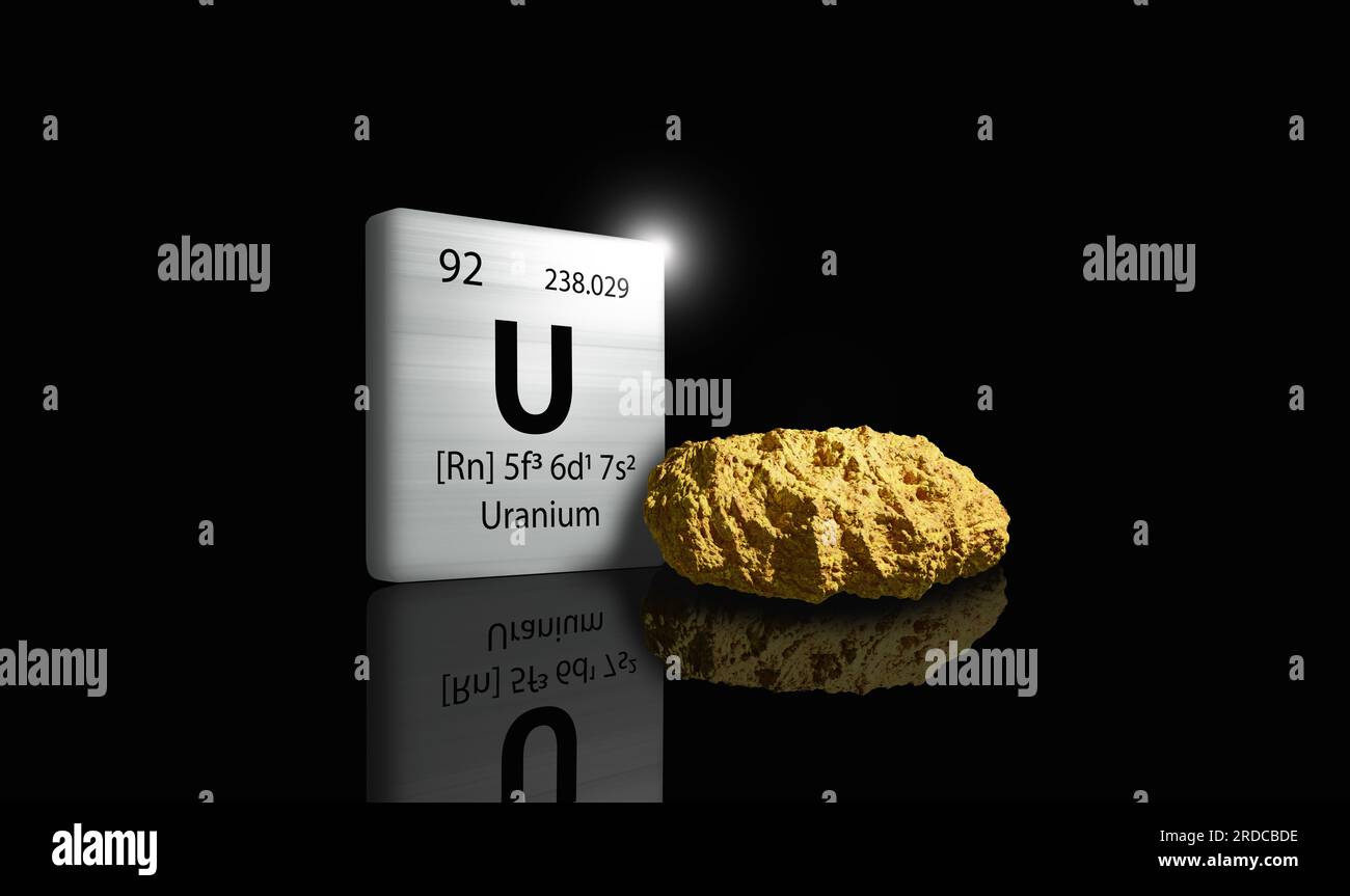 Elemento di uranio su una tavola periodica metallica con uranio metamitico grigio giallastro su sfondo scuro. Icona e illustrazione con rendering 3D. Foto Stock