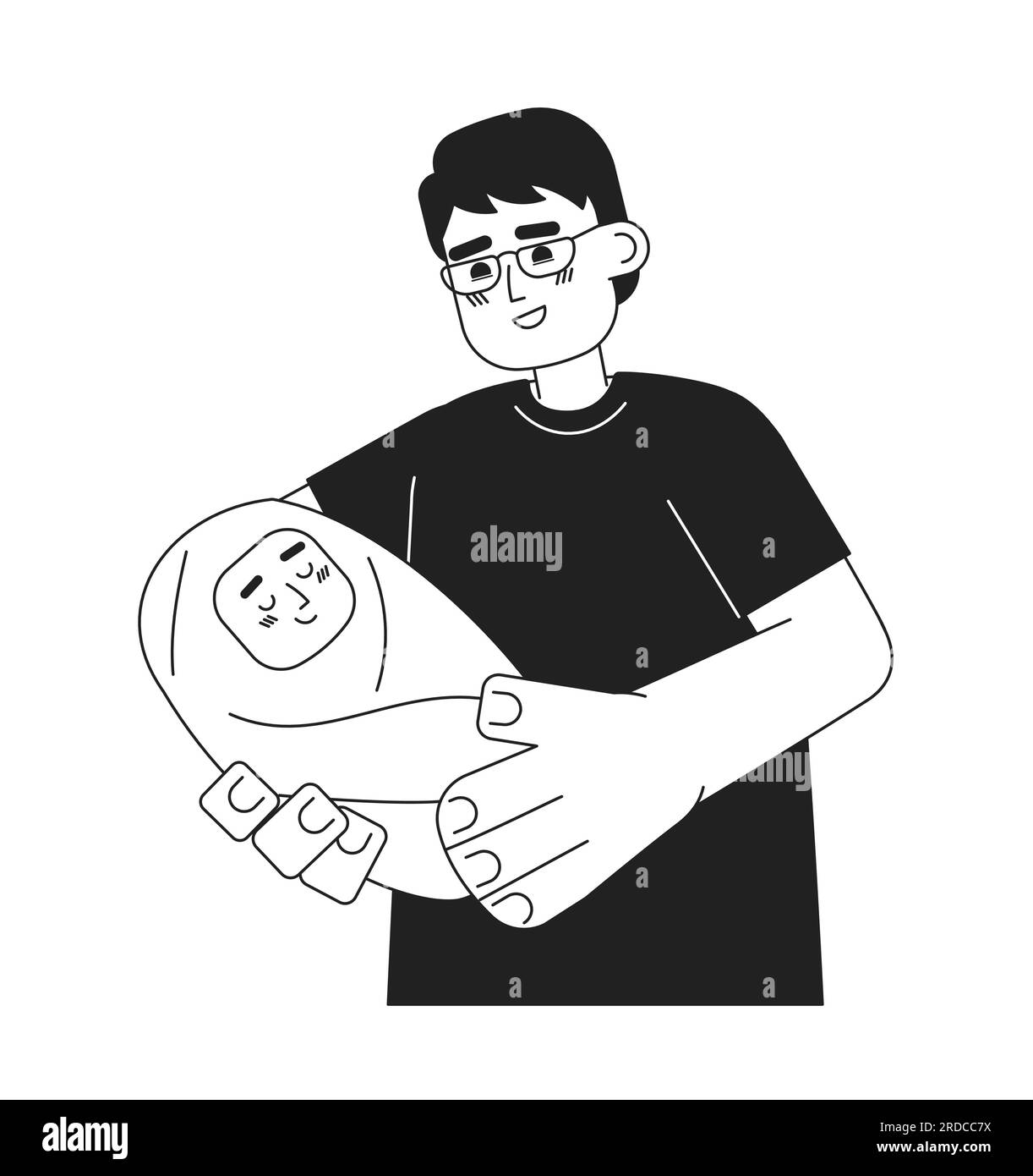 Papà asiatico con caratteri vettoriali piatti monocromatici neonato Illustrazione Vettoriale