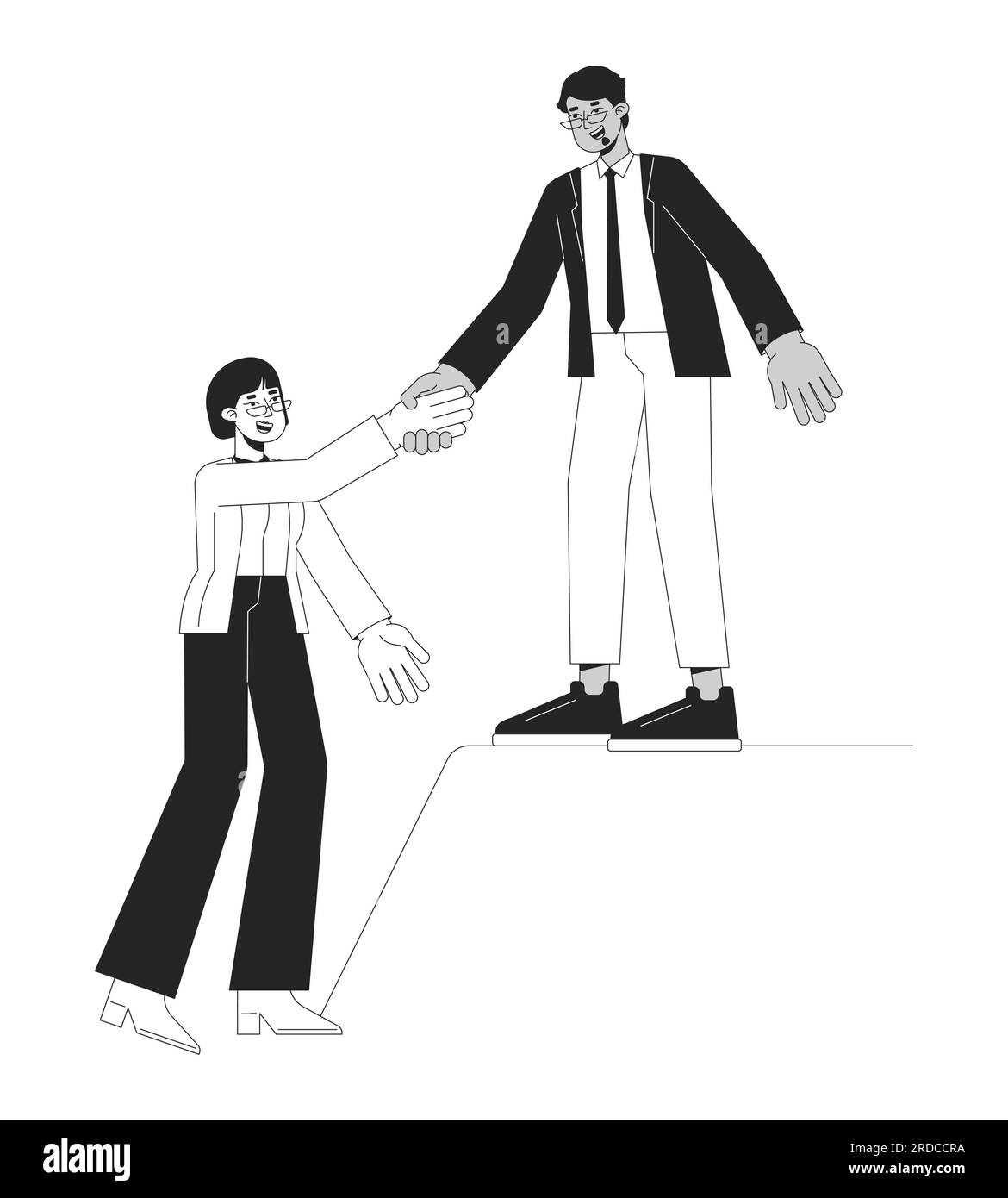 Il lavoratore in ufficio tiene in mano i caratteri vettoriali neri e bianchi dei colleghi Illustrazione Vettoriale