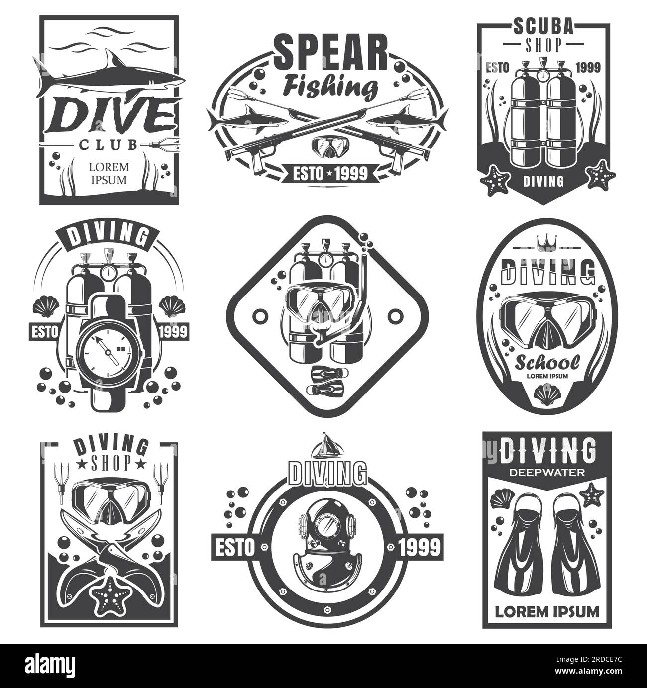 Set di logo vintage per immersioni subacquee e pesca subacquea, illustrazione vettoriale monocromatica Illustrazione Vettoriale