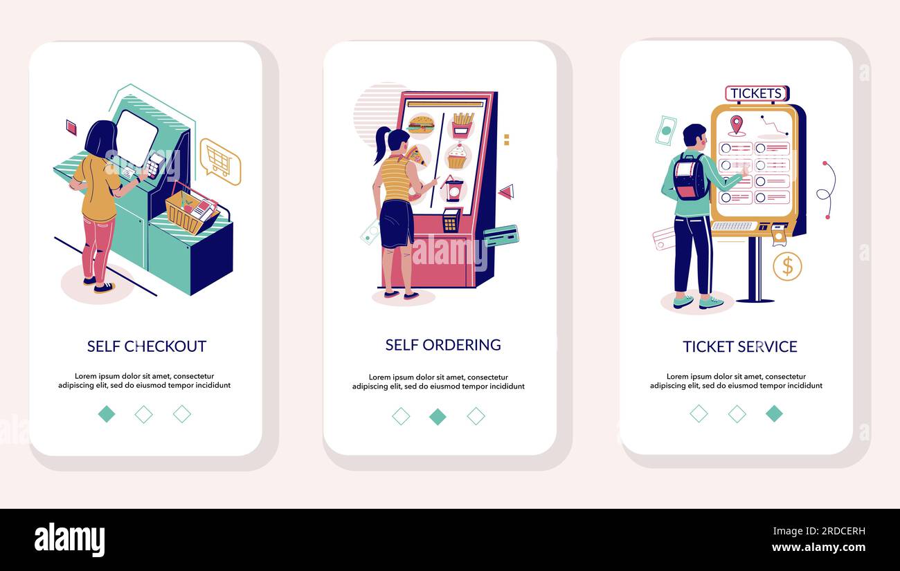 L'onboarding di app mobili self-service consente di visualizzare il modello vettoriale Illustrazione Vettoriale