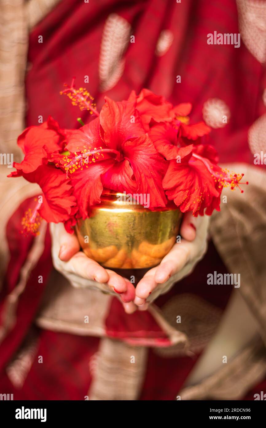 Devoto che tiene in mano una sacra pentola di rame piena di fiori di ibisco per il culto di dio Foto Stock