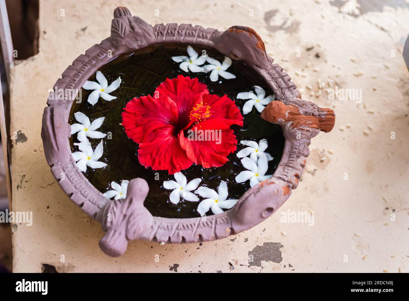 acqua santa spirituale con fiore di ibisco custodito per gli uccelli all'ingresso di casa da una diversa angolazione Foto Stock