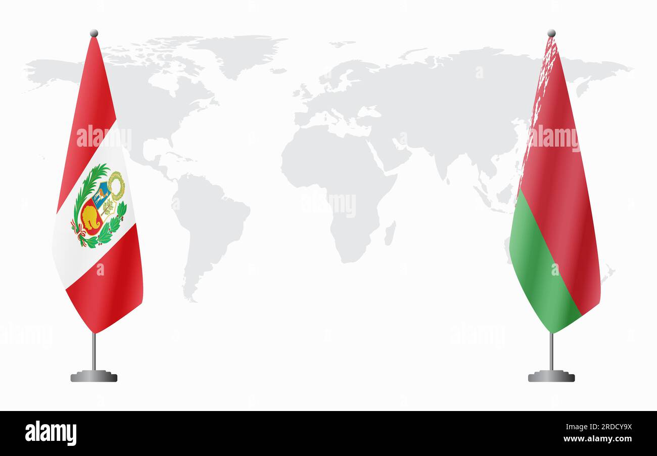 Bandiere peruviane e bielorusse per incontri ufficiali sullo sfondo della mappa mondiale. Illustrazione Vettoriale