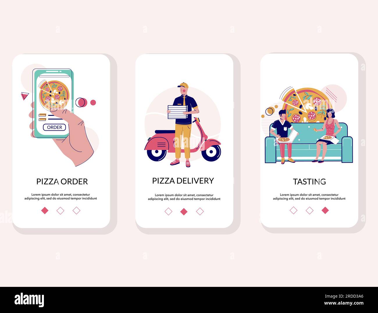 L'onboarding dell'app mobile online Pizza visualizza il modello vettoriale Illustrazione Vettoriale