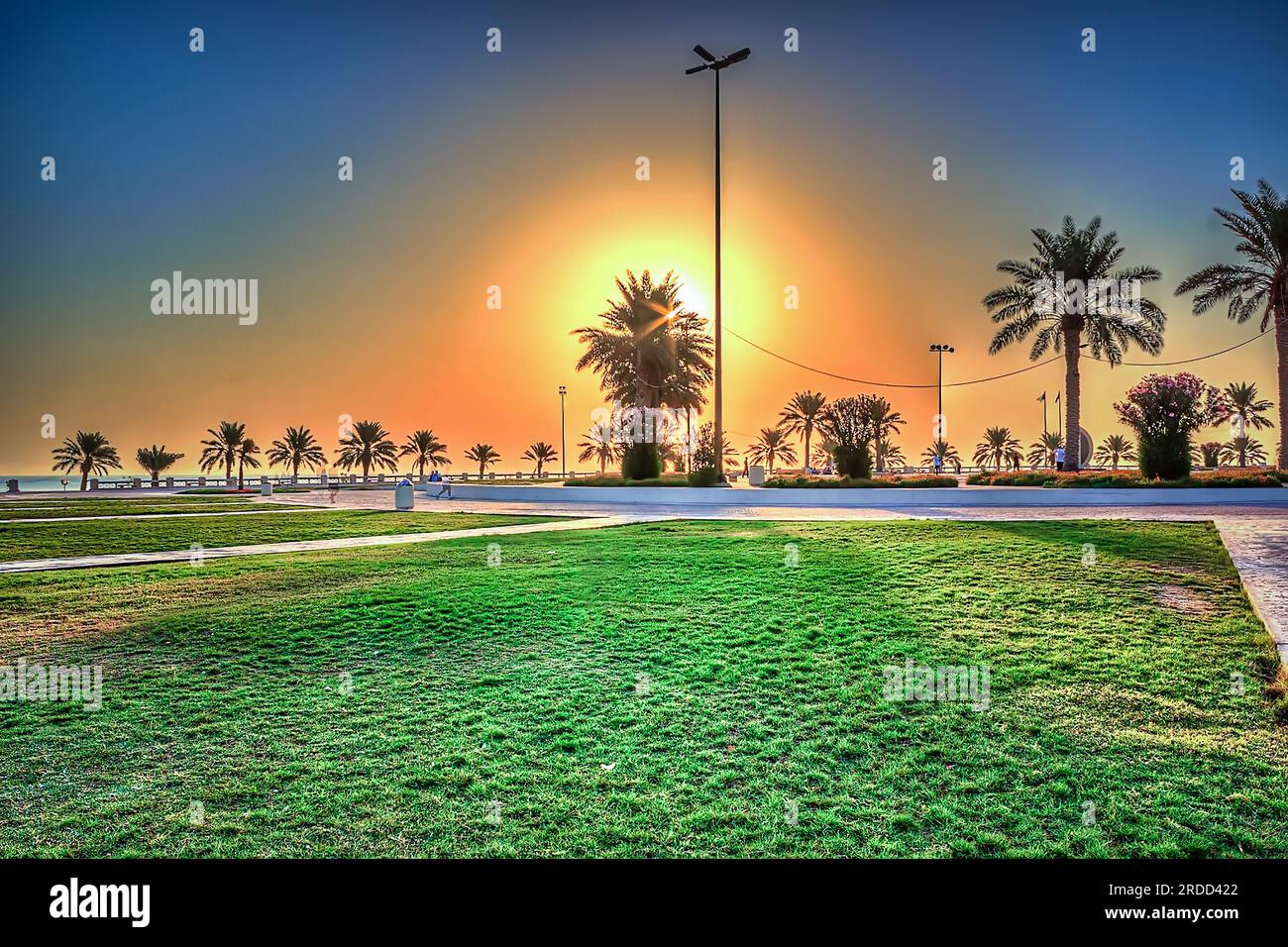 Vista mattutina all'alba sul lago Modon - Dammam, Arabia Saudita. Foto Stock