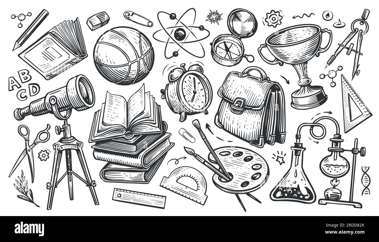 Set di materiale scolastico. Illustrazione vettoriale in stile doodle disegnato a mano. Torna a scuola, concetto Illustrazione Vettoriale