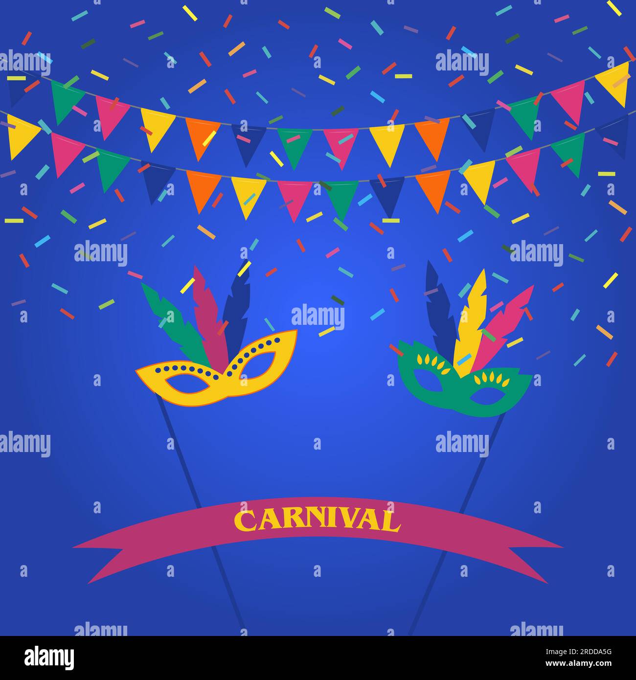 Celebrazione sfondo festivo. Maschere di Carnevale, confetti e bandiere di festa Illustrazione Vettoriale