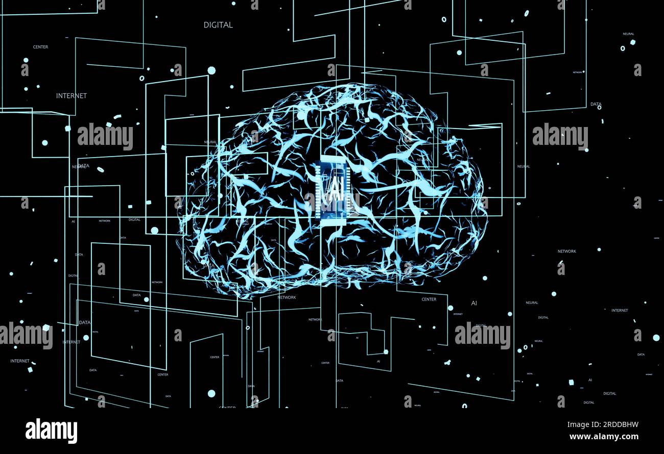 Sistema di intelligenza artificiale che utilizza codici linguistici complessi. Operazioni di risoluzione dei modelli di programmazione di reti neurali con un'enorme potenza computazionale e animazione di rendering 3D. Foto Stock