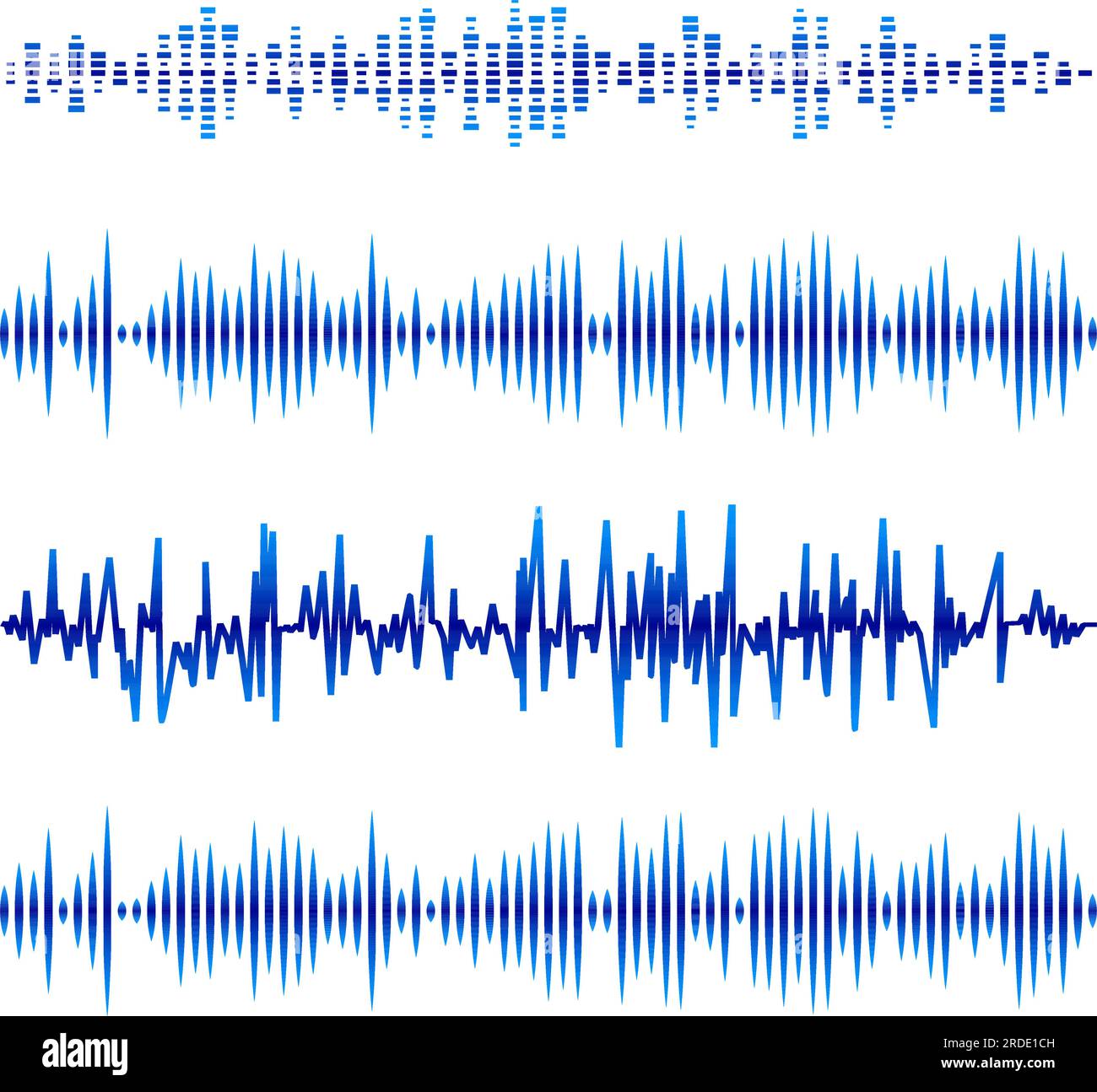 Set di onde musicali astratte. Blue audio Soundtrack, Musical Vibrations. Icone delle onde radio. Frequenza musicale su sfondo bianco Illustrazione Vettoriale