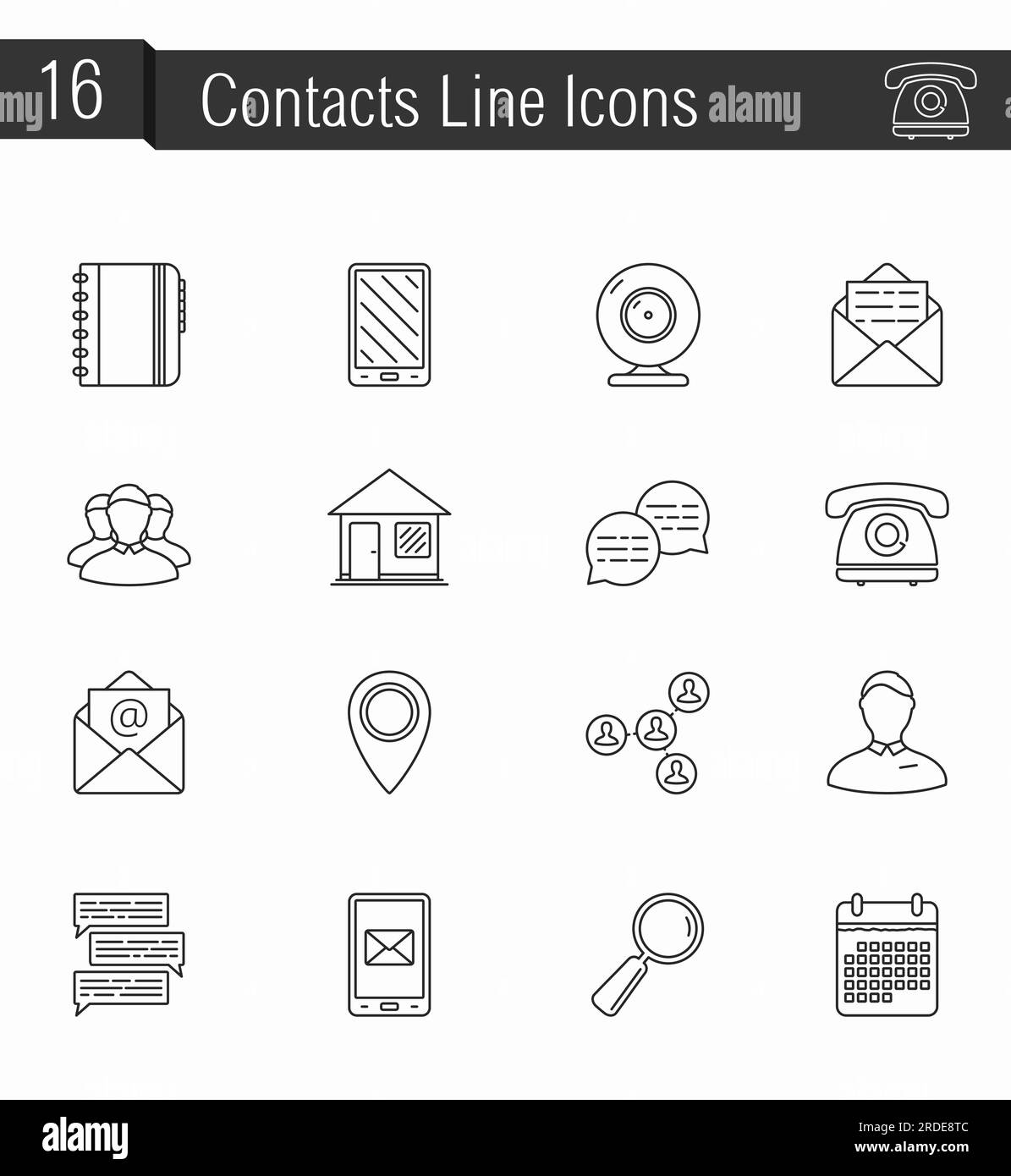 Set di 16 icone linea sottile contatti, illustrazione vettore10 Illustrazione Vettoriale