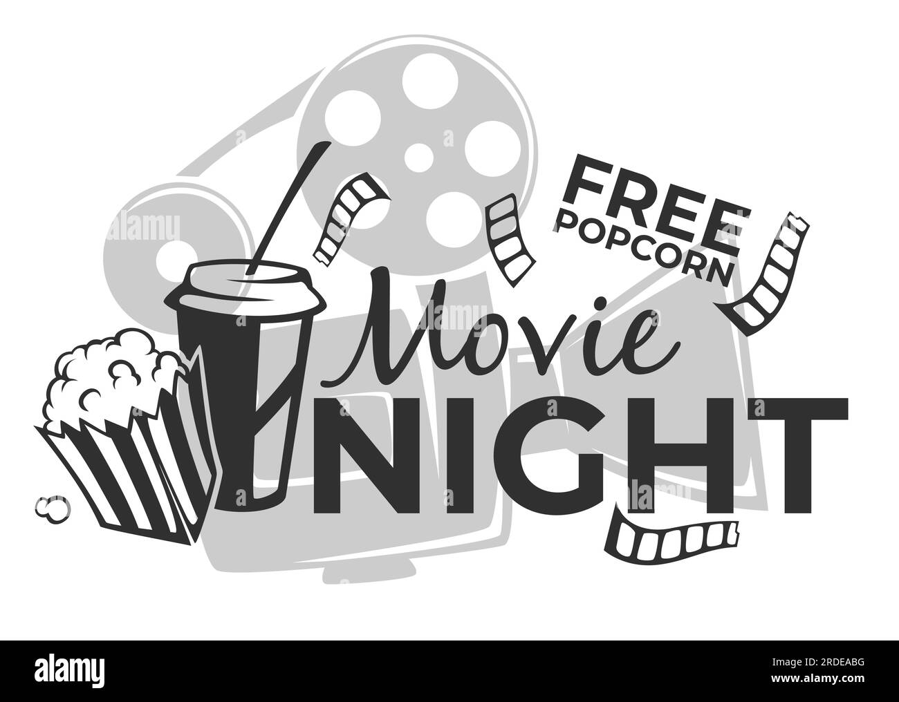 Invito alla serata del cinema con pop corn, bevande e spuntini gratuiti. Goditi il cibo e le bevande mentre guardi i film. Divertimento e divertimento, intrattenimento e. Illustrazione Vettoriale