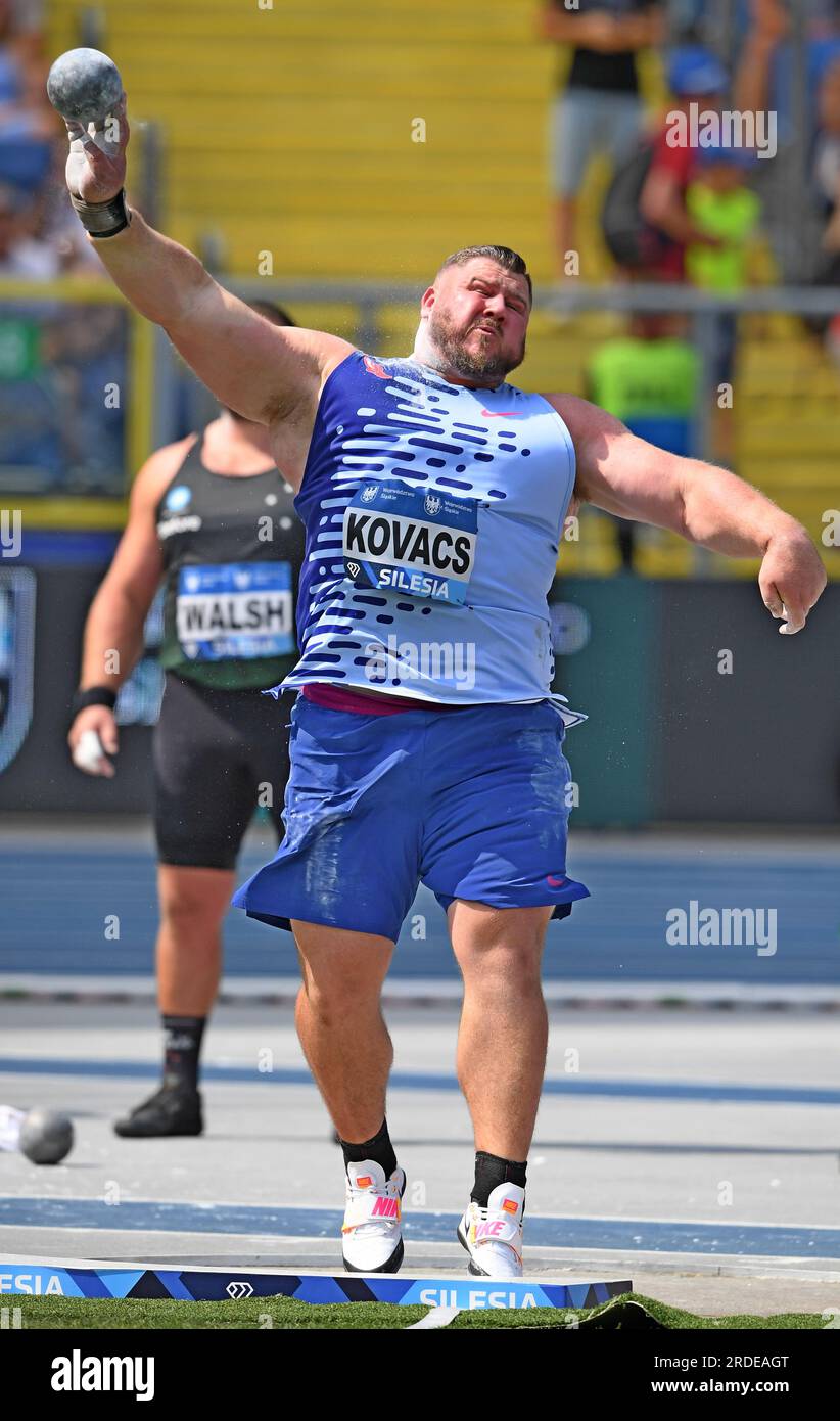 Joe Kovacs (USA) si piazza settimo nel tiro messo a 68-6 (20.88m) durante lo Skolimowska Memorial, domenica 16 luglio 2023, a Chorzow, Polonia. (Jiro Mochizuki/immagine dello sport) Foto Stock