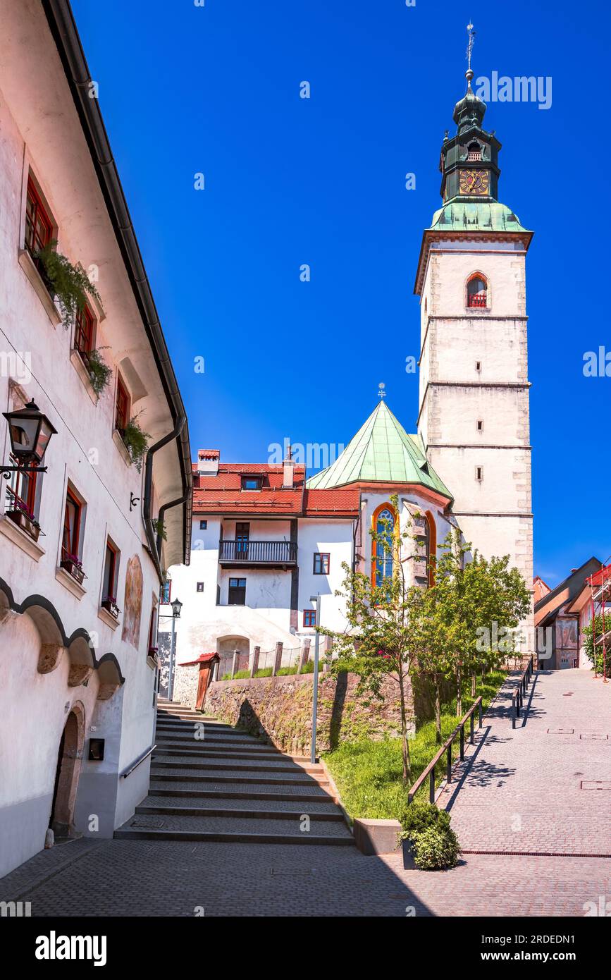 Skofja Loka, Slovenia. Centro di un'idilliaca città medievale, la regione storica slovena della Carniola. Foto Stock