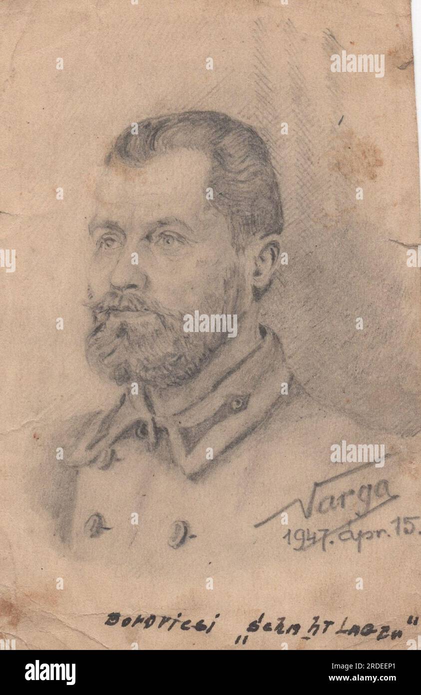 Ritratto d'epoca a mano su un ufficiale di alto rango (colonnello o generale) del 1947.04.15 il nome dell'artista è Varga. opera d'arte a matita. Foto Stock