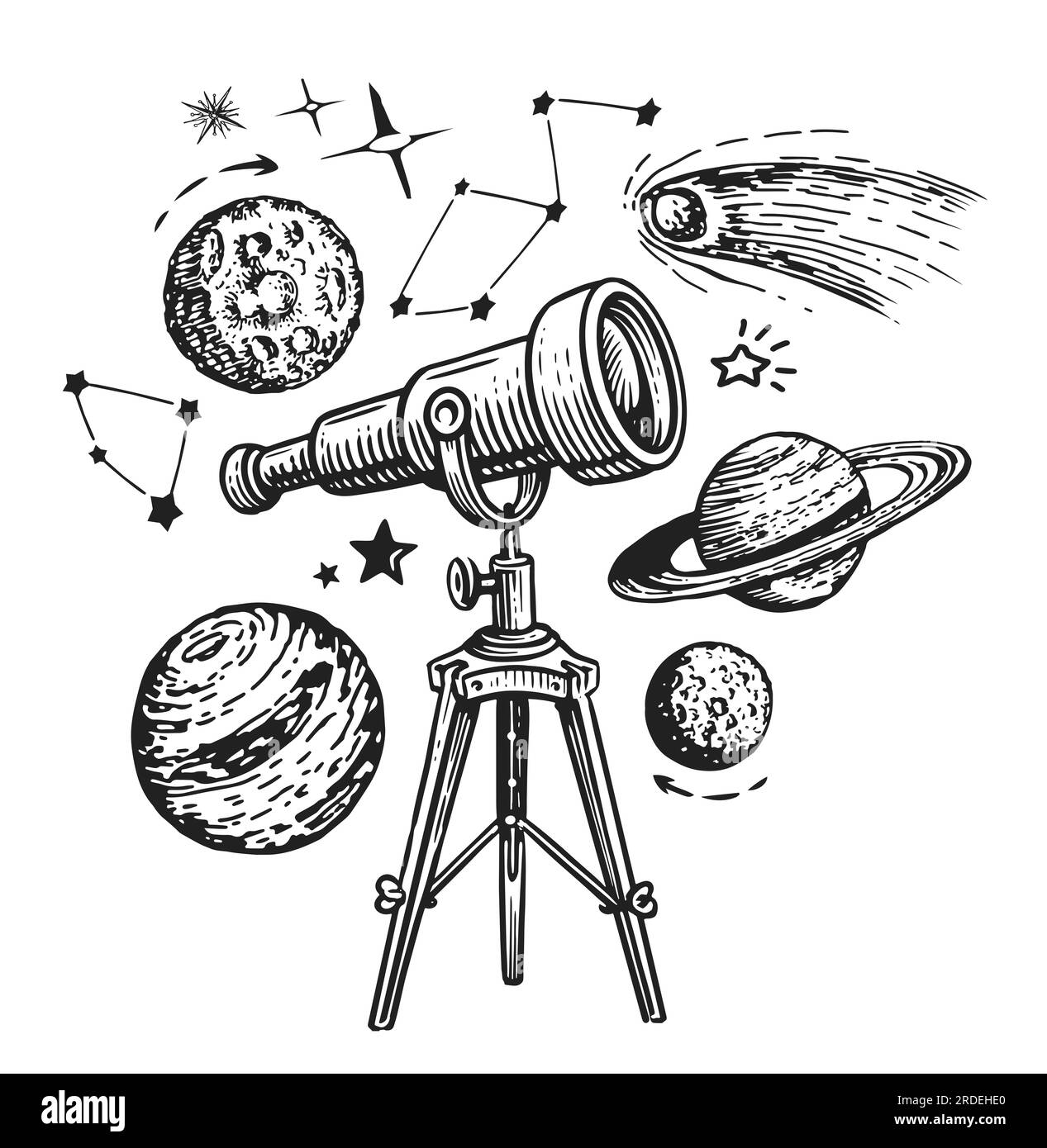 Telescopio e stelle, pianeti. Astronomia, concetto di esplorazione spaziale. Illustrazione dello schizzo stile di incisione vintage Foto Stock