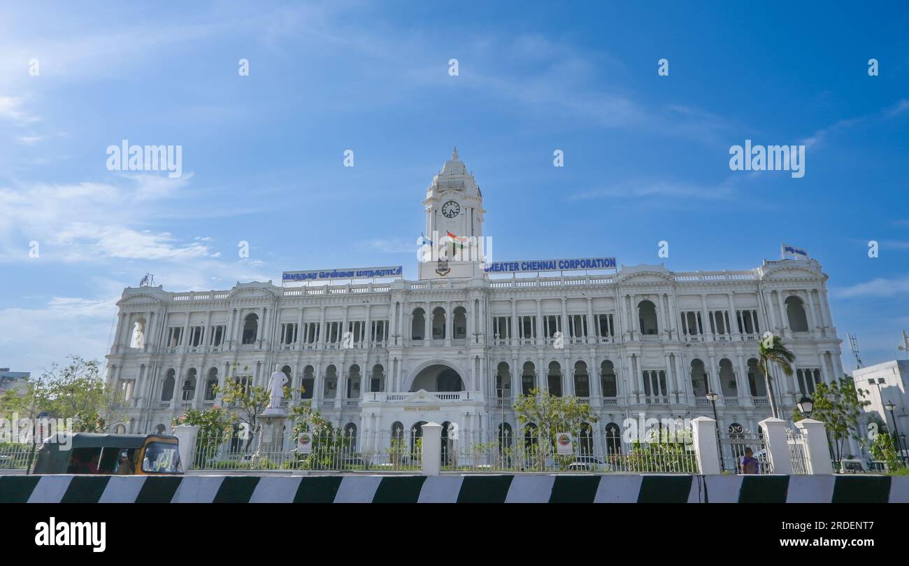 Chennai, India - 14 luglio 2023: Greater Chennai Corporation Office è l'ente civico che governa la città metropolitana di Chennai nello stato indiano Foto Stock