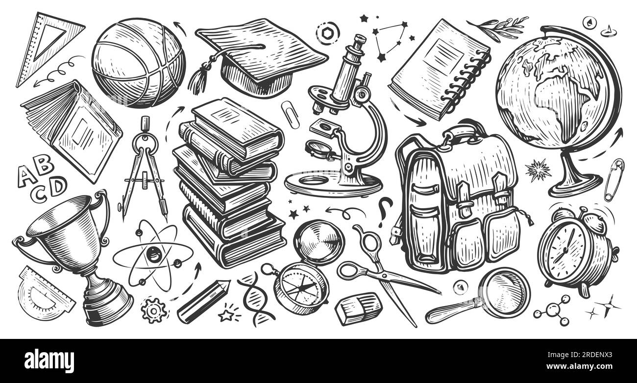 Set di materiale scolastico. Illustrazione in stile doodle disegnato a mano. Ritorno a scuola, concetto di educazione Foto Stock