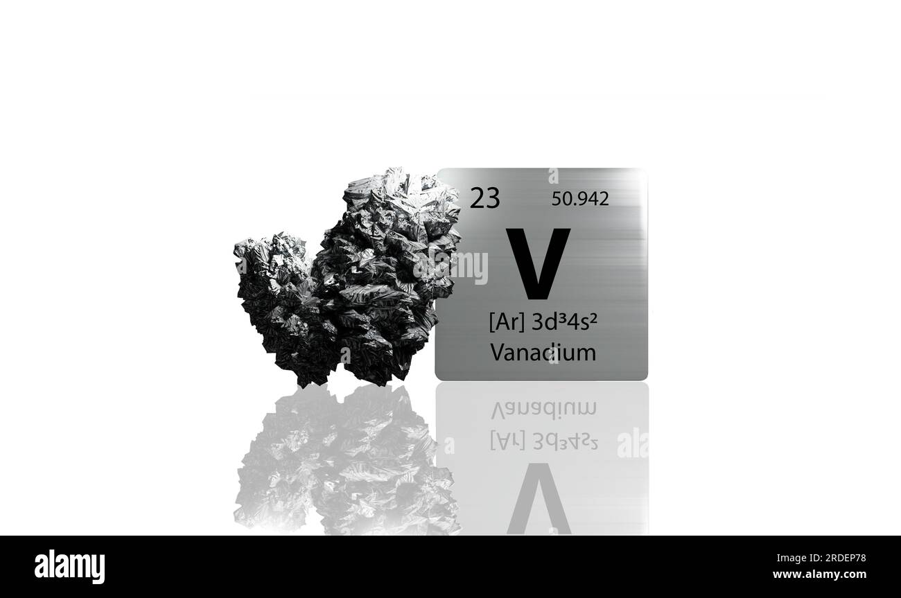 Elemento in vanadio su una tavola periodica metallica con vanadio metamitico grigio argentato su sfondo bianco. Icona e illustrazione con rendering 3D. Foto Stock