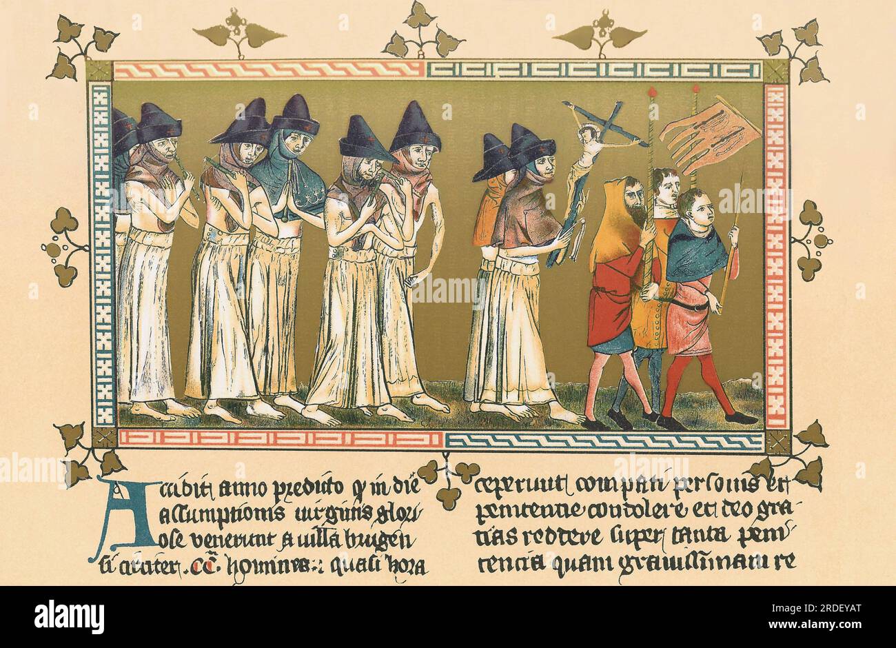 Belgio: Flagellants a Doornik (Tournai) in cerca di sollievo dalla morte Nera. Dipinto in miniatura della Cronaca di Aegidius li Muisis di Pierart dou Tielt (fl. 1340-1360), c. 1353. La morte Nera è stata una delle pandemie più devastanti della storia umana, che ha fatto il picco in Europa tra il 1348 e il 1350. Di diverse teorie concorrenti, la spiegazione dominante per la morte Nera è la teoria della peste, che attribuisce l'epidemia al batterio Yersinia pestis. Pensata di essere iniziata in Cina, viaggiò lungo la Via della Seta e raggiunse la Crimea entro il 1346. Foto Stock