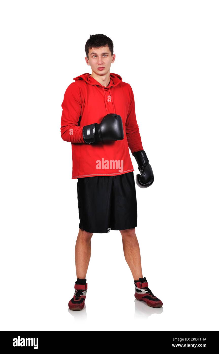 boxer ypong in piedi con guanti neri su sfondo bianco Foto Stock