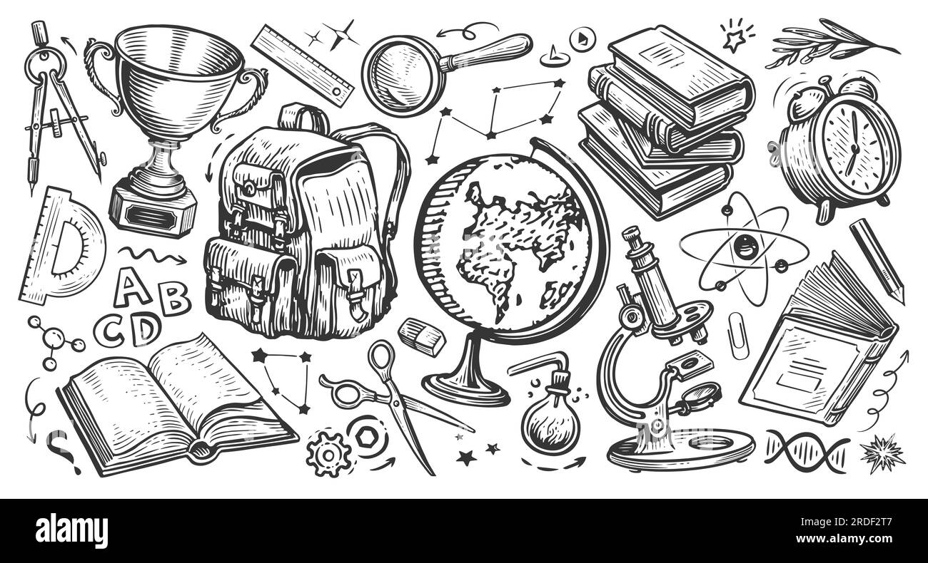 Set di elementi della scuola. Illustrazione dello schizzo in stile doodle disegnato a mano. Ritorno a scuola, concetto di educazione Foto Stock