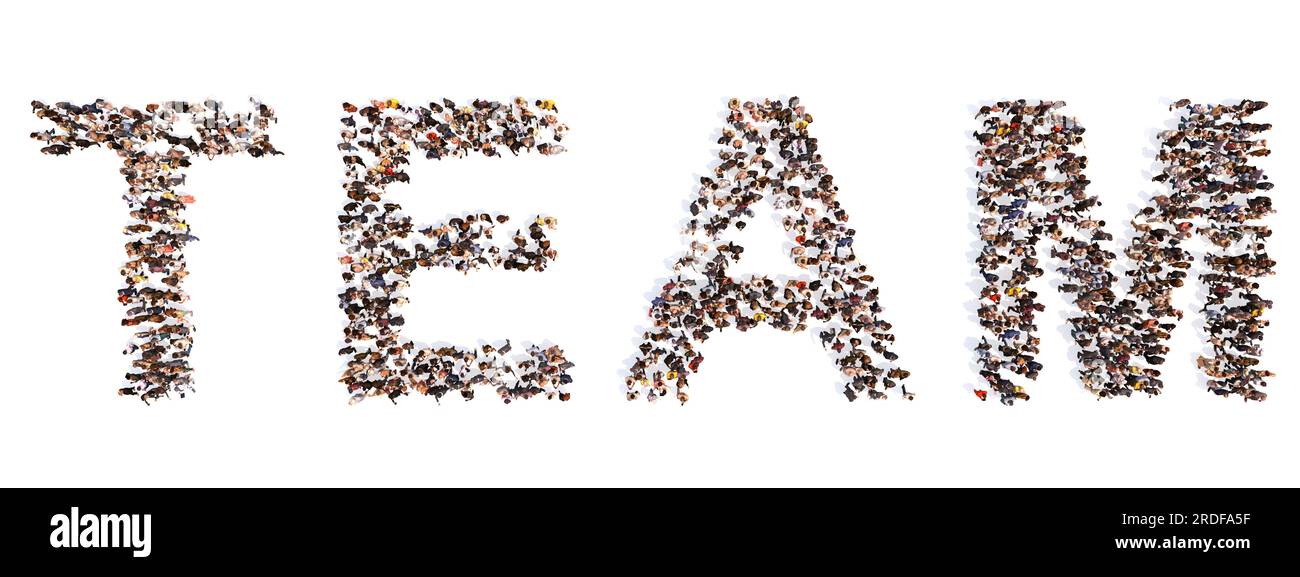 Una grande comunità concettuale di persone che formano una parola di SQUADRA. metafora dell'illustrazione 3d per aziende, lavoro di squadra, gestione, cooperazione, idea, solut Foto Stock