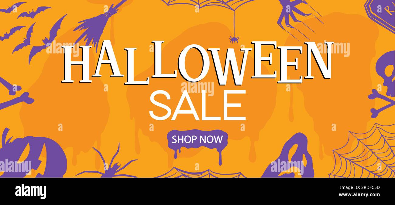 Modello di banner per il sito Web di Halloween sale. Promozione estiva tag. Illustrazione vettoriale del materiale promozionale di vendita. Illustrazione Vettoriale