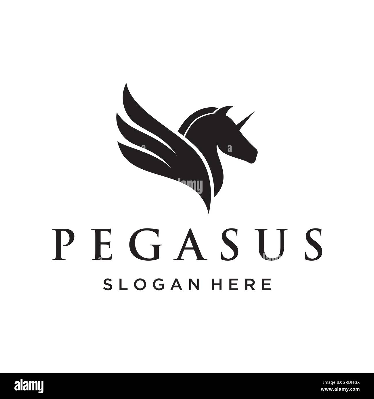 Logo di un semplice Pegasus o cavallo alato con un'idea creativa. Illustrazione Vettoriale