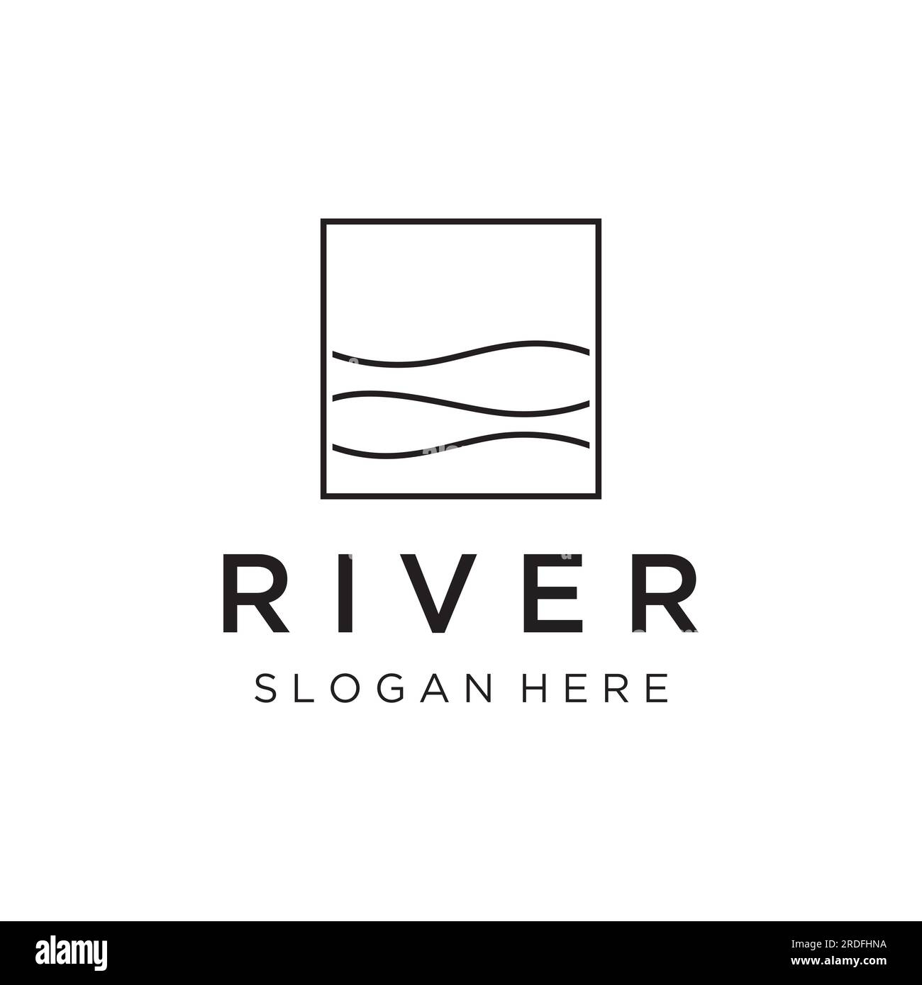 Loghi di fiumi, insenature, sponde e ruscelli. Logo River con combinazione di montagne e terreni agricoli con design a concetto vettoriale. Illustrazione Vettoriale