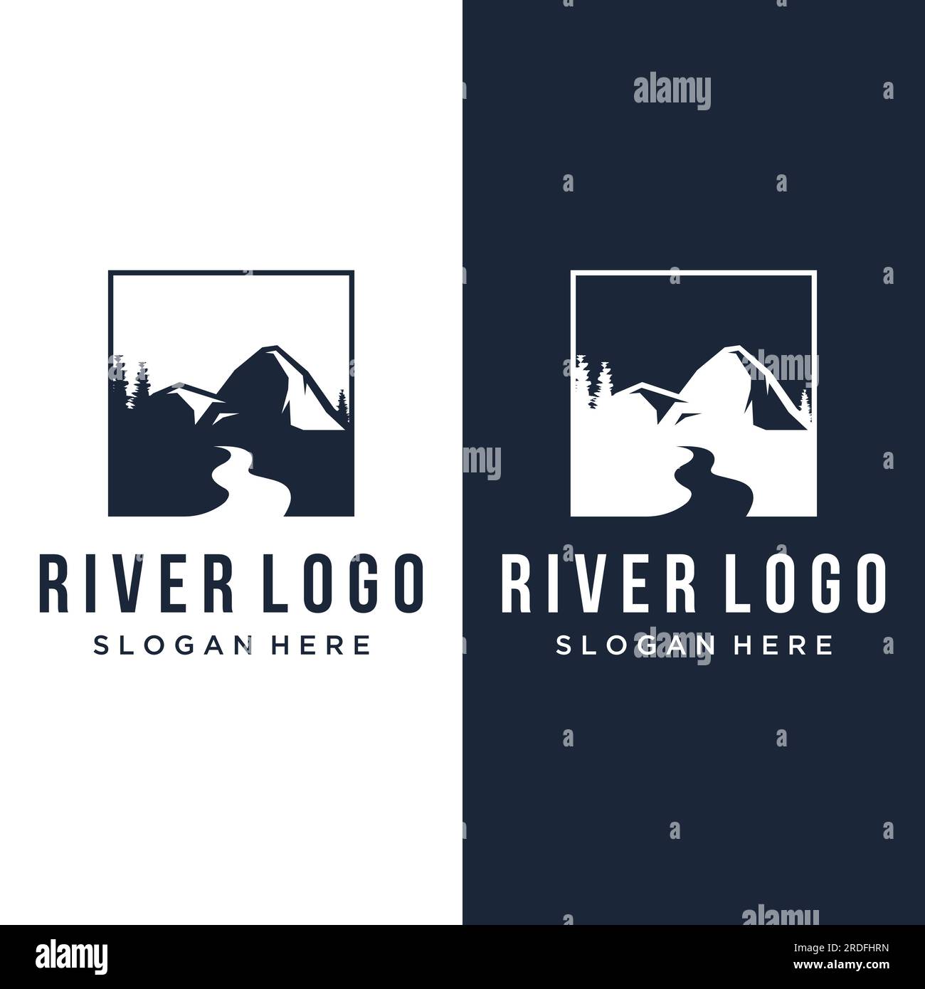 Loghi di fiumi, insenature, sponde e ruscelli. Logo River con combinazione di montagne e terreni agricoli con design a concetto vettoriale. Illustrazione Vettoriale