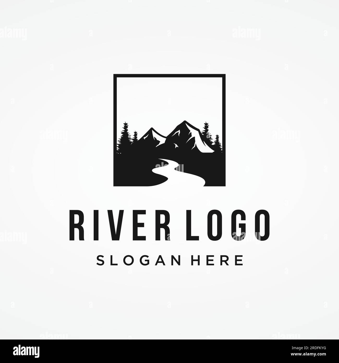 Loghi di fiumi, insenature, sponde e ruscelli. Logo River con combinazione di montagne e terreni agricoli con design a concetto vettoriale. Illustrazione Vettoriale