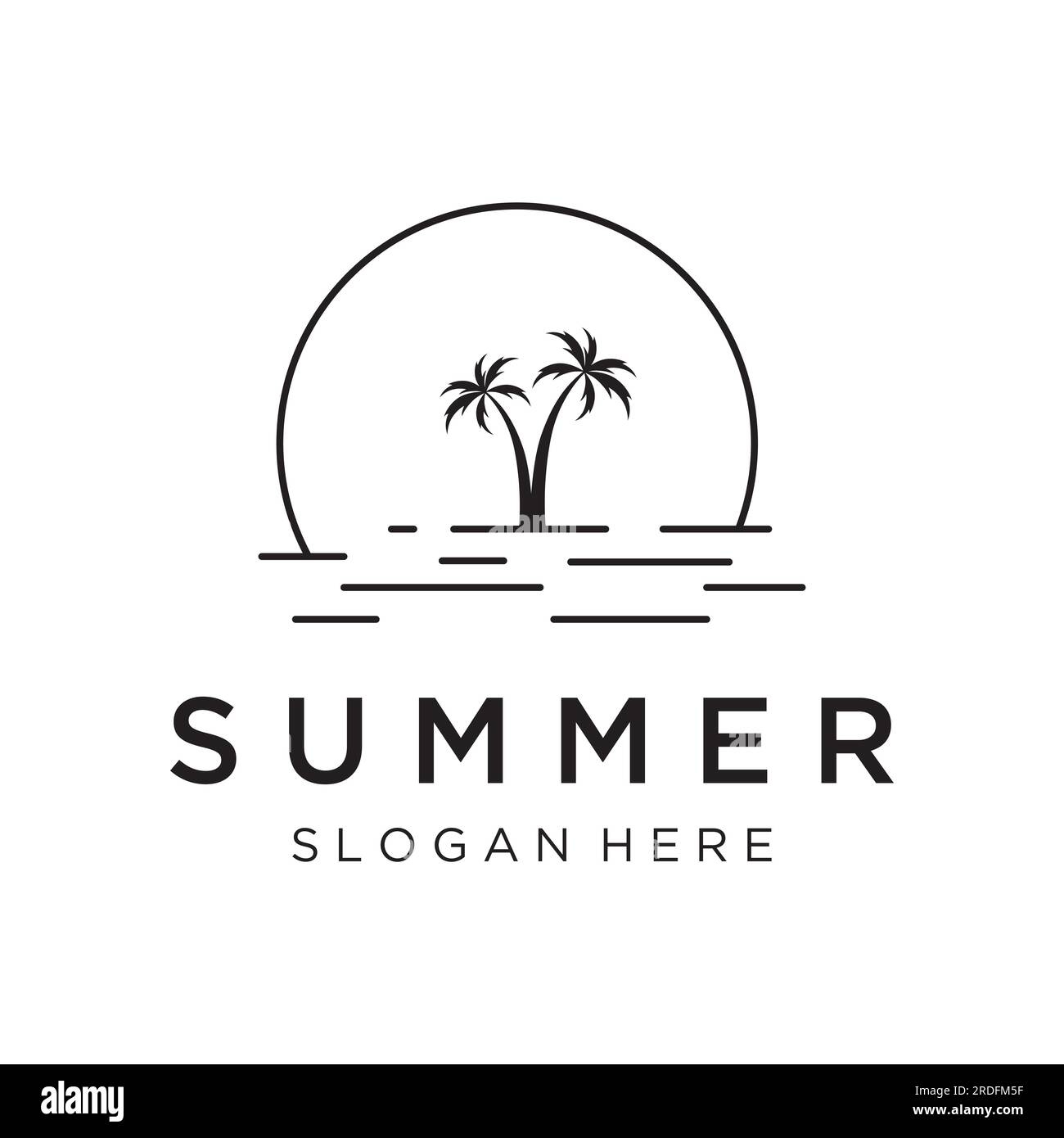 Logo creativo per le vacanze estive sulla spiaggia con simboli di onde, palme e tavole da surf in stile retrò. Emblema, etichetta, poster, badge. Illustrazione Vettoriale