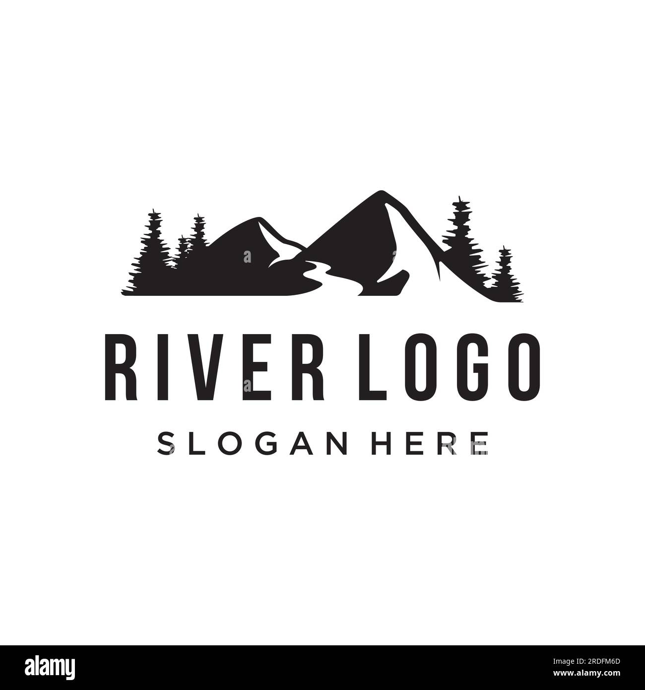 Loghi di fiumi, insenature, sponde e ruscelli. Logo River con combinazione di montagne e terreni agricoli con design a concetto vettoriale. Illustrazione Vettoriale