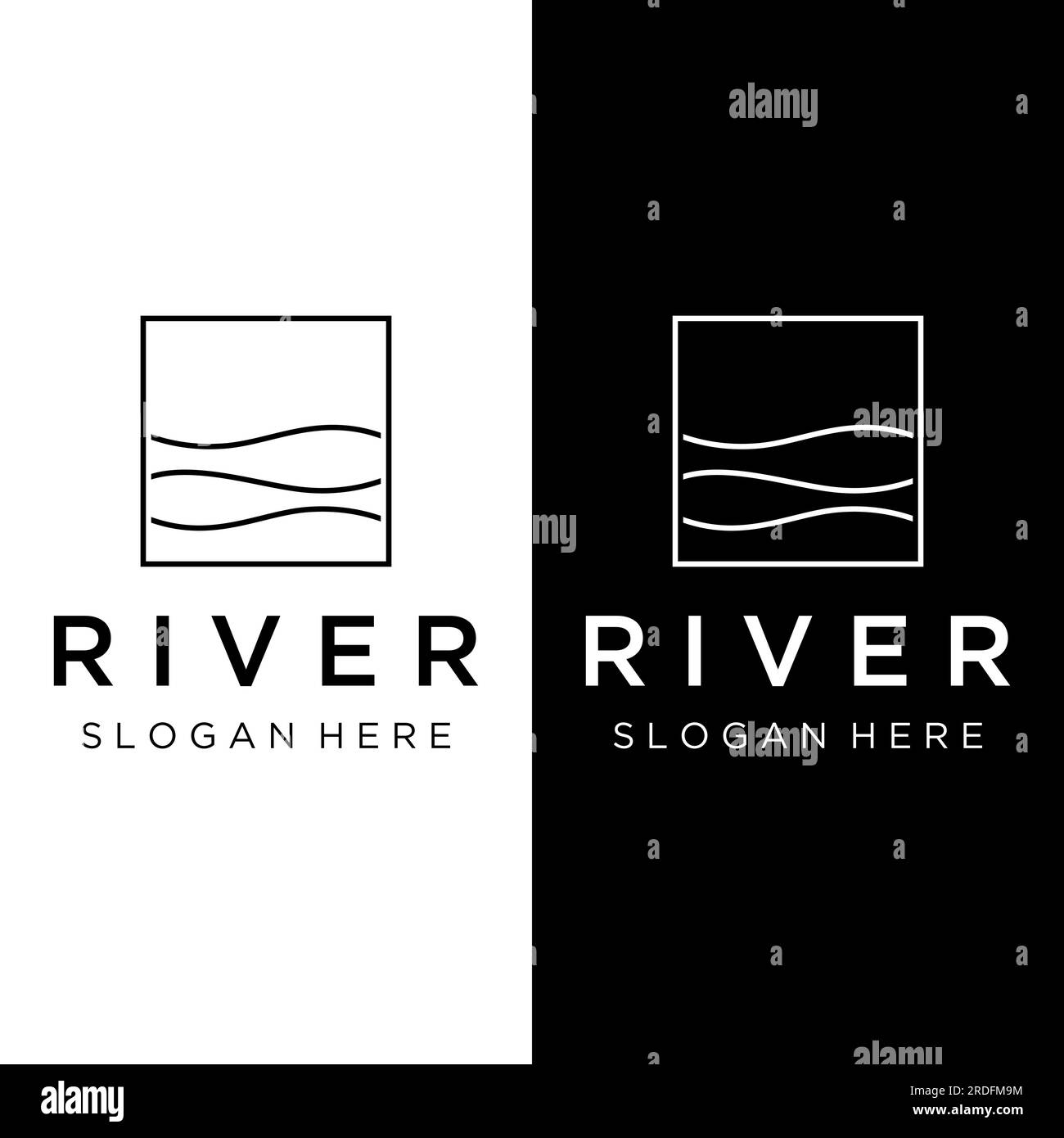 Loghi di fiumi, insenature, sponde e ruscelli. Logo River con combinazione di montagne e terreni agricoli con design a concetto vettoriale. Illustrazione Vettoriale