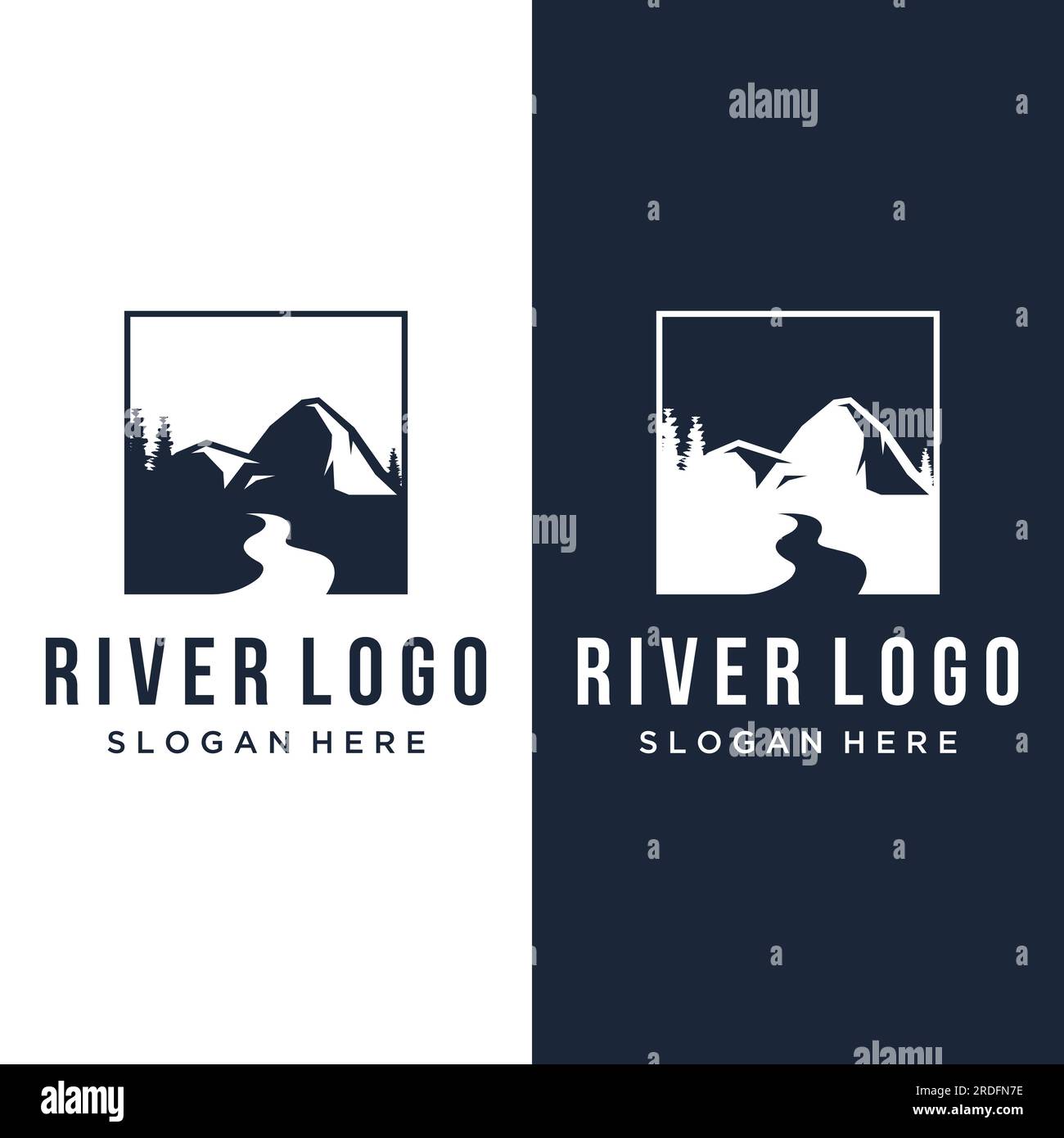 Loghi di fiumi, insenature, sponde e ruscelli. Logo River con combinazione di montagne e terreni agricoli con design a concetto vettoriale. Illustrazione Vettoriale