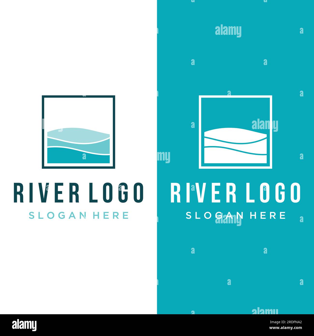 Loghi di fiumi, insenature, sponde e ruscelli. Logo River con combinazione di montagne e terreni agricoli con design a concetto vettoriale. Illustrazione Vettoriale