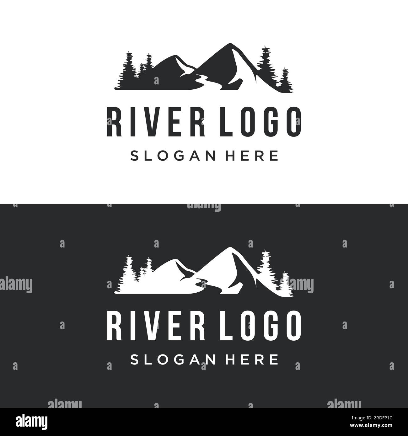 Loghi di fiumi, insenature, sponde e ruscelli. Logo River con combinazione di montagne e terreni agricoli con design a concetto vettoriale. Illustrazione Vettoriale